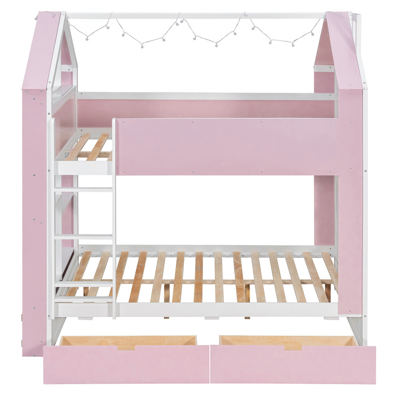 Full Over Full Bunk Bed with Storage Drawers and Shelves, Modern Two-Tone Wood Bunk Bed with LED Light Strip, Safety Guardrails and Ladder, Space-Saving Bed Frame for Kids, Teens
