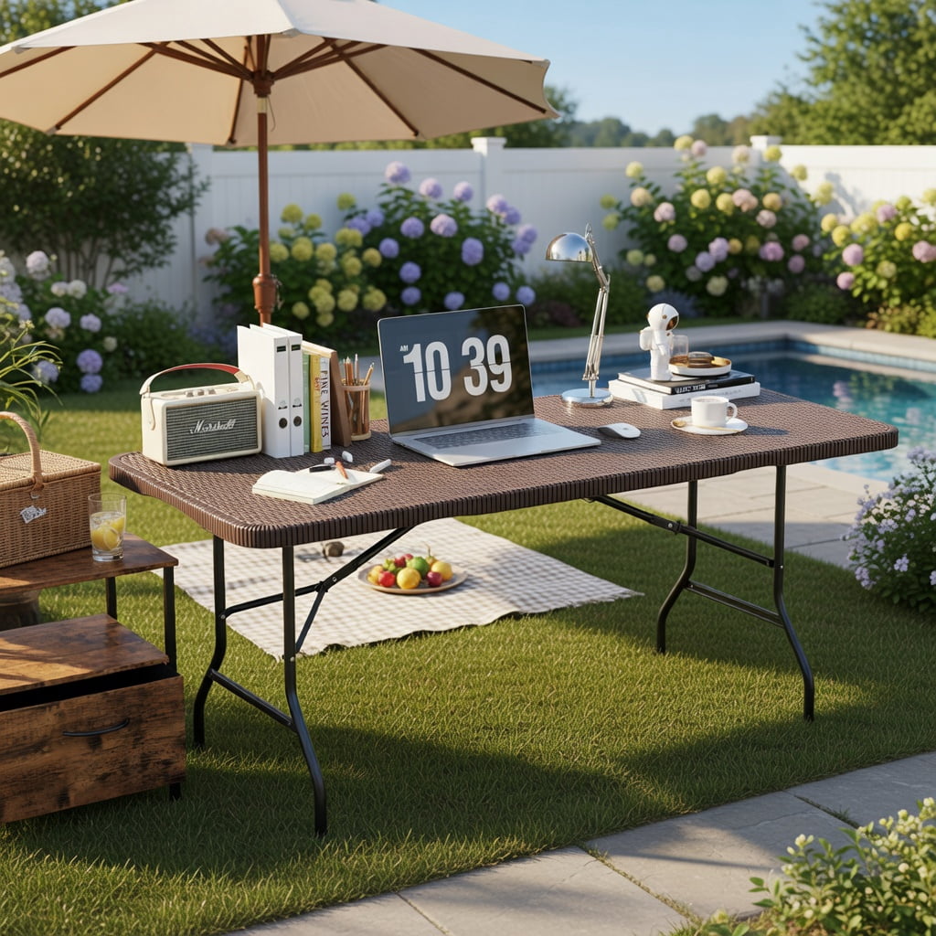 Hommoo 6 ft Portable Folding Table, HDPE Rattan-Look Tabletop, Weatherproof & Locking Frame for Outdoor Picnics, Camping, and Indoor Use, Coffee