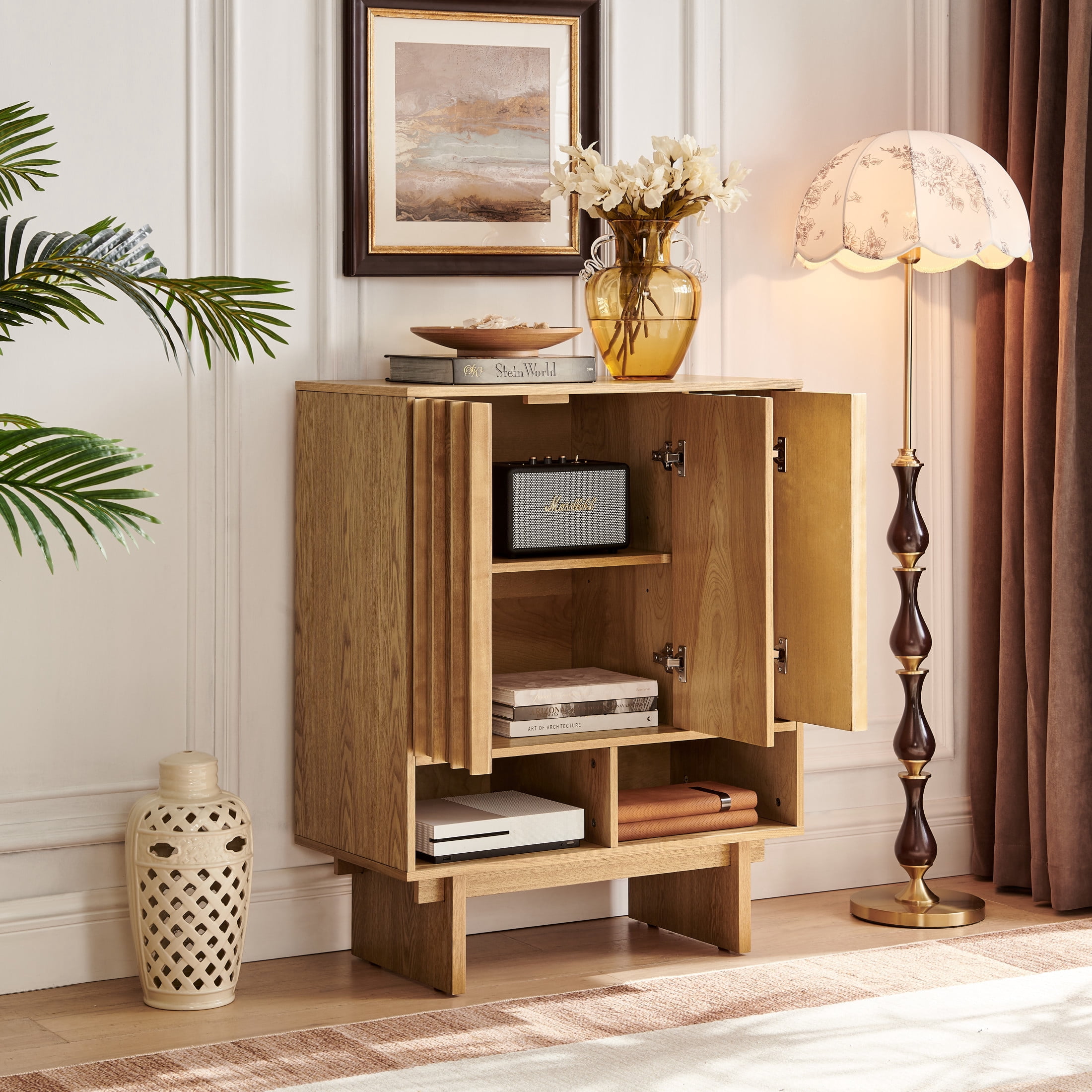 GDF Studio 31.6" Mid-Century Modern Sideboard Cabinet with 3 Doors, Adjustable Shelves, Natural