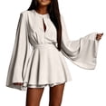 thumbnail image 2 of Karymi Solid Satin Romper Dress, Crew Neck Front Keyhole Cutout Bell Long Sleeve A-Line Mini Dress with Adjustable Self Tie Waist Layered Hem Easter Dresses for Women, 2 of 9