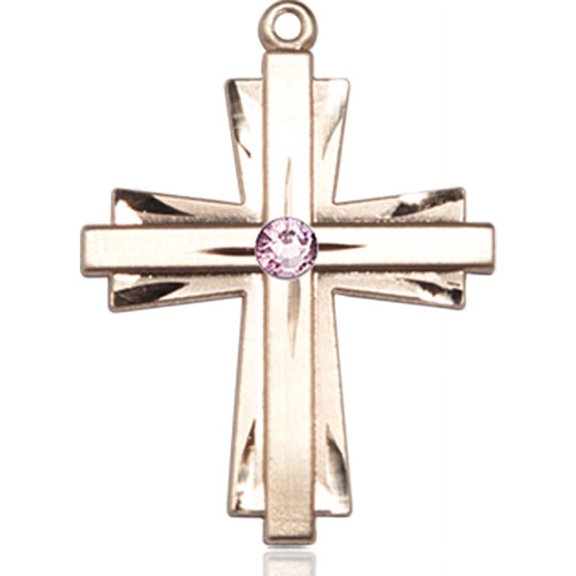 14kt Yellow Gold Cross Medal with 3mm Light February Purple Swarovski Crystal 1 X 3/4 inches