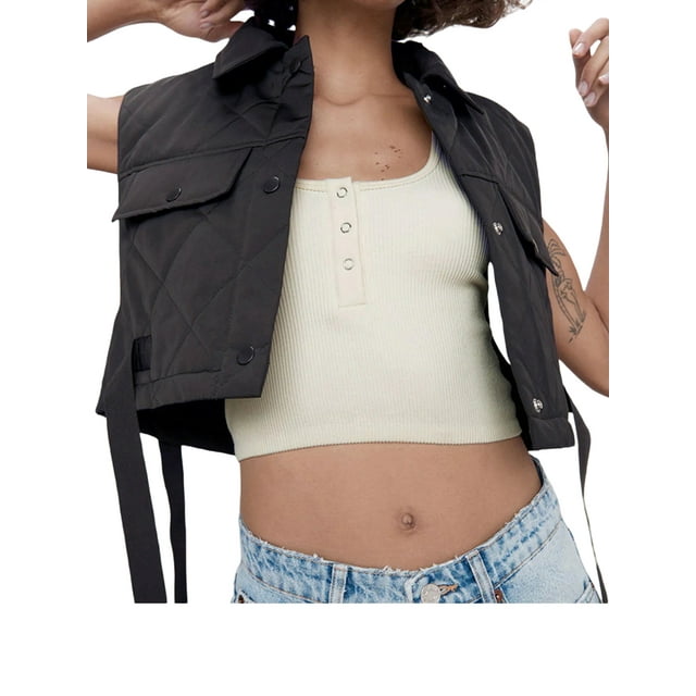 VISgogo Chaleco con cuello vuelto para mujer, tops cortos sin mangas de color liso con botones, verde militar/negro/marrón/rojo vino VISgogo moda