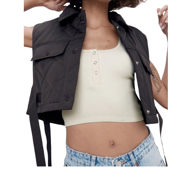 VISgogo Chaleco con cuello vuelto para mujer, tops cortos sin mangas de color liso con botones, verde militar/negro/marrón/rojo vino VISgogo moda