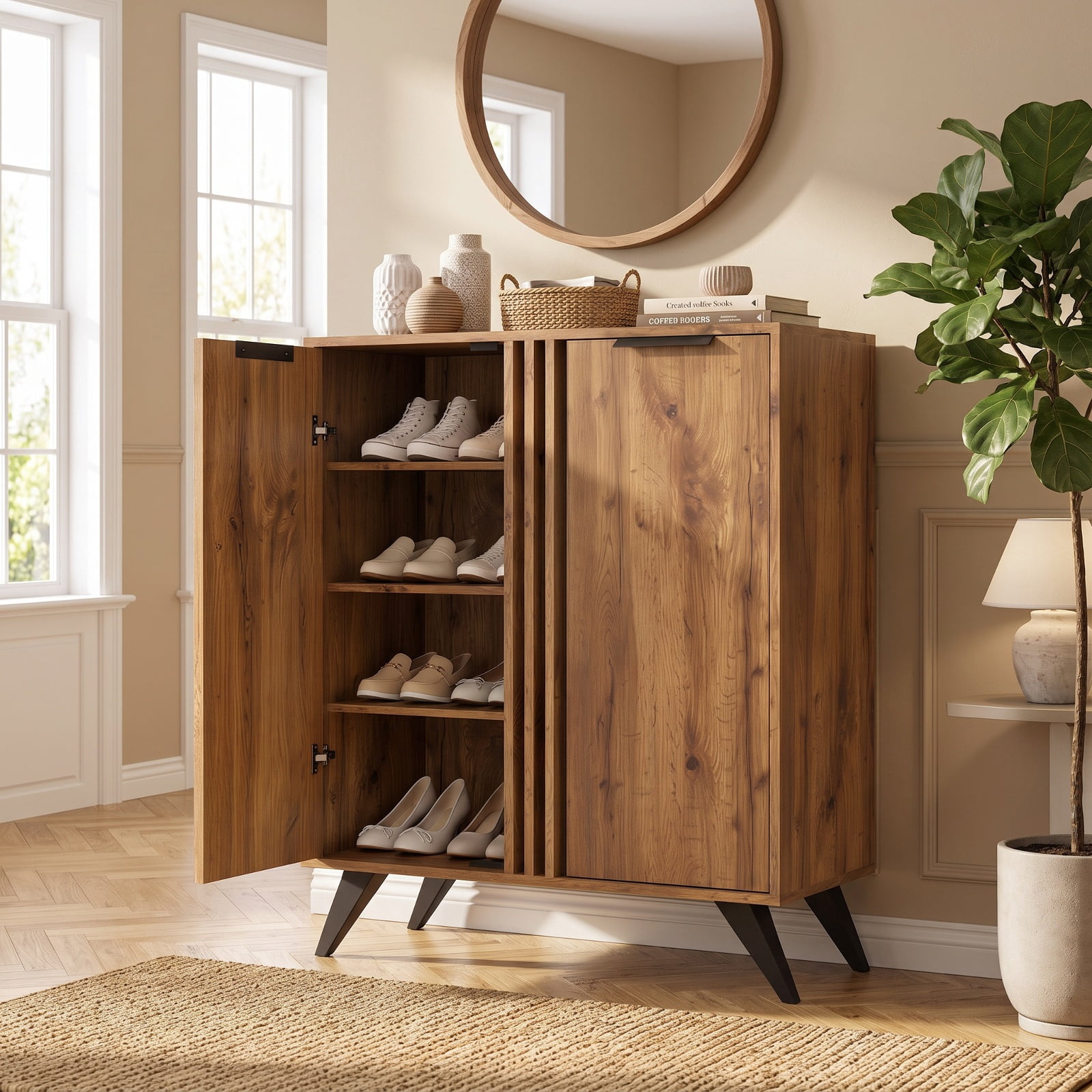 Furnibear 4 Tier Freestanding Hidden Shoe Cabinet with 2 Doors and Ventilated Shelves for Entryway Closet and Living Room, Natural