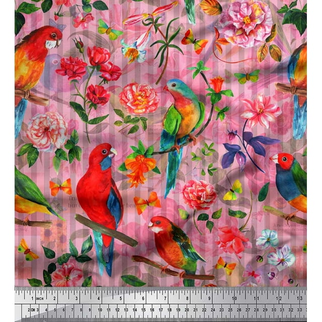 Soimoi Pink Modal Satin Fabric Stripe,Floral & Parrot Bird Fabric Prints by Yard 42 Inch Wide