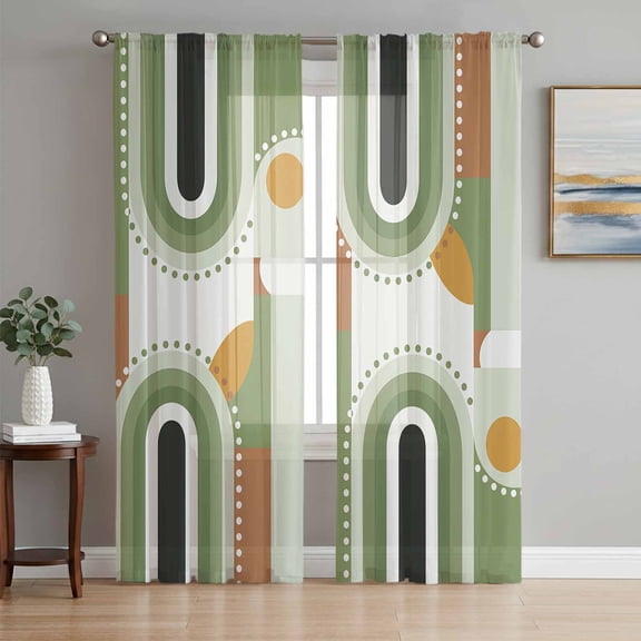 Modern, Semi Sheer Window Curtains 84 Inches Long, Middle Century Abstract Geometric Olive Green Rod Pocket Voile Silky Chiffon Curtain Light Filtering Drapes for Living Room, 52"x84", 2 Panels