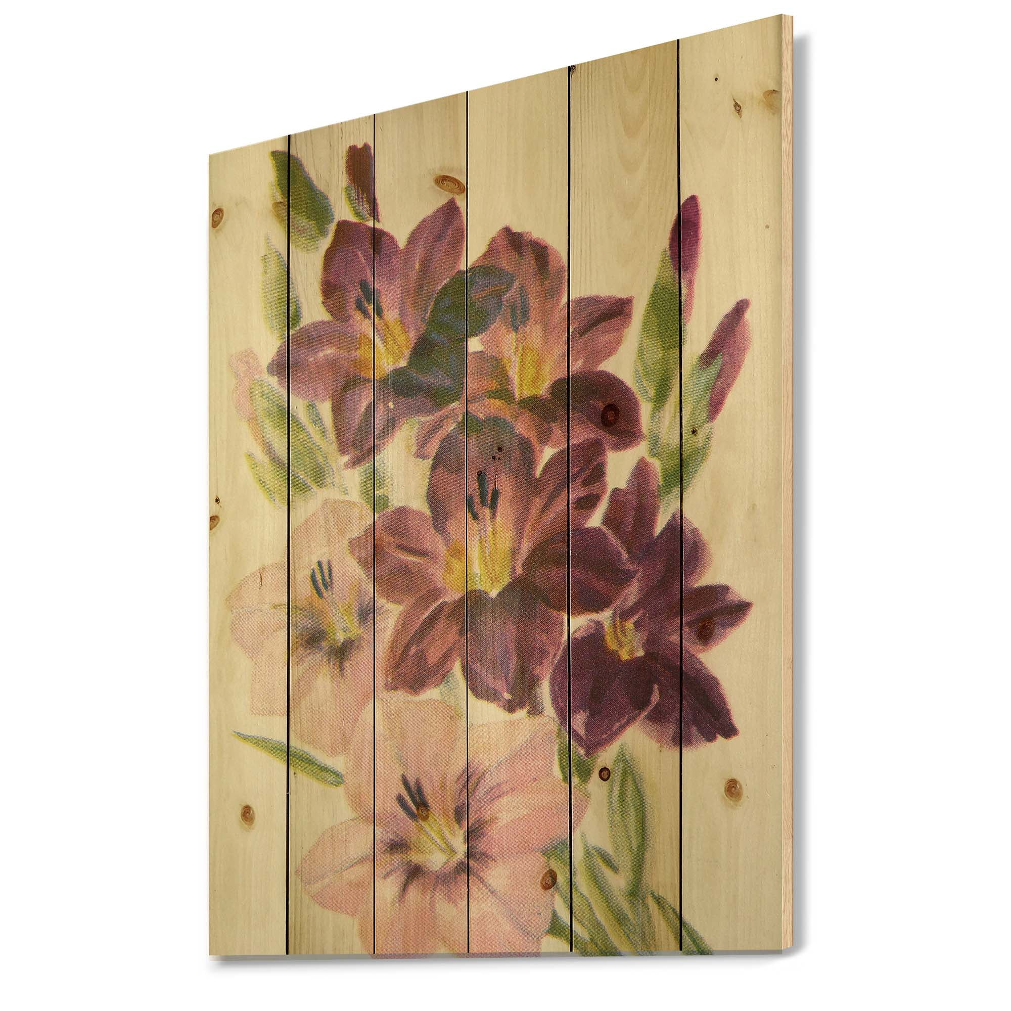 Designart 'Retro Dark and Light Pink Gladiolus' Traditional Print on Natural Pine Wood