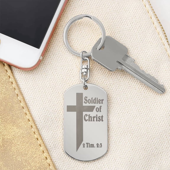 Soldier of Christ 2 Tim 2:3 Engraved Dog Tag Bible Keychain Stainless Steel or 18k Gold