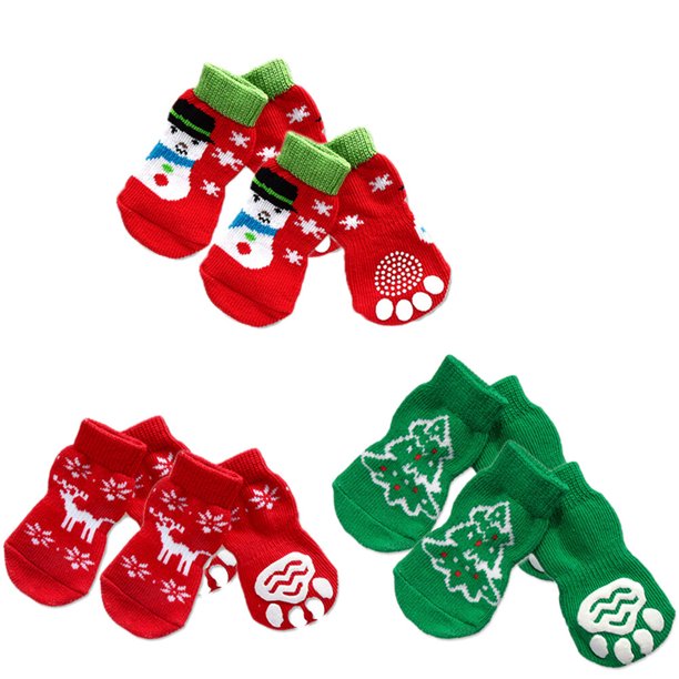 4 juegos de calcetines de algodón antideslizantes para mascotas, perros, cachorros, gatos, con patrón navideño, talla XL (hombre de nieve navideño + ciervo navideño + árbol de Navidad)
