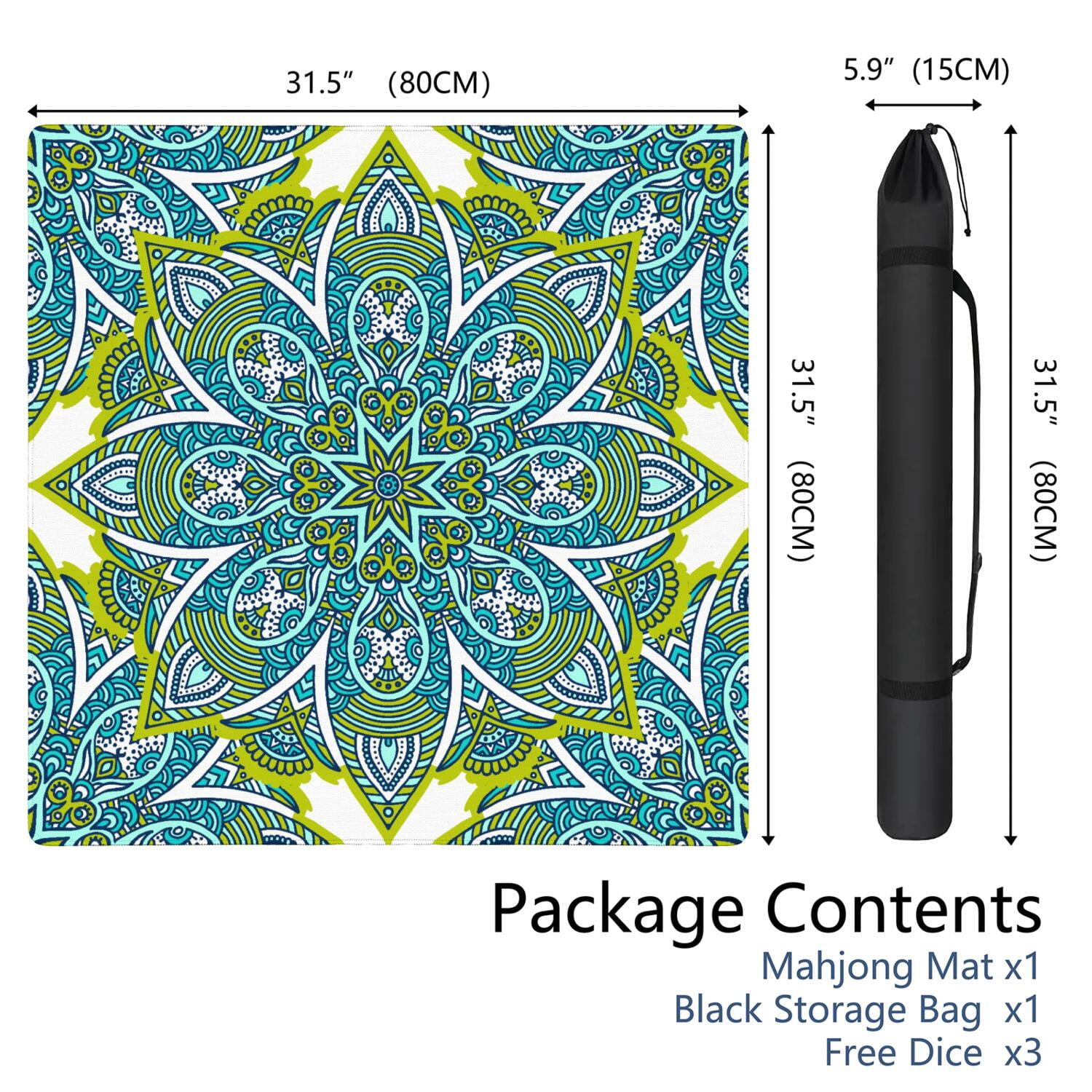 Mandala Mahjong Mat for Table, 31.5*31.5in Anti Slip American Mahjong Table Cloth, Noise Reduction, Neoprene Mah jongg Mat with Carrying Bag & 3 Dices, Mahjong Accessories Gift, Board Tile Games Mats