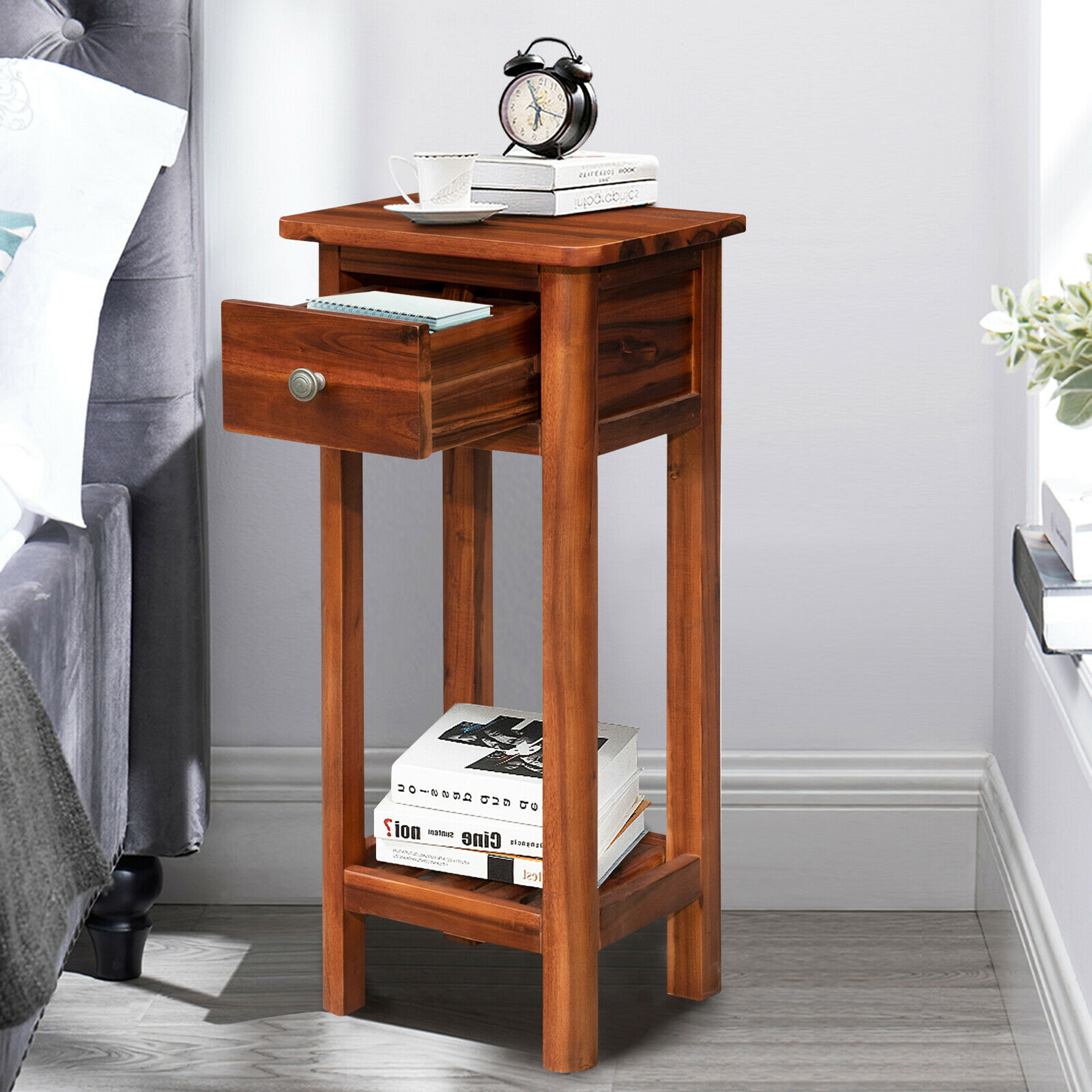 Gymax Acacia Wood Side Table with Drawer, Brown