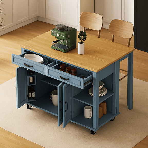 K&K 47 inch Kitchen Island with Extendable Dining Table, Rubber Wood Veneer Kitchen Table with Internal Storage Rack, Power Outlet, Kitchen island with Storage 2 Drawers 2 Cabinet