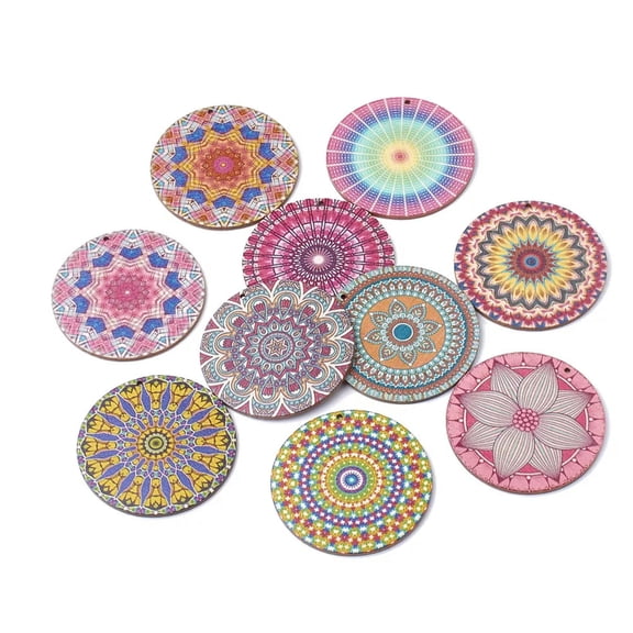 U8MO 10pcs Kaleidoscope Flower Wood Big Pendants Flat Round Smooth Dangle Charms 60mm