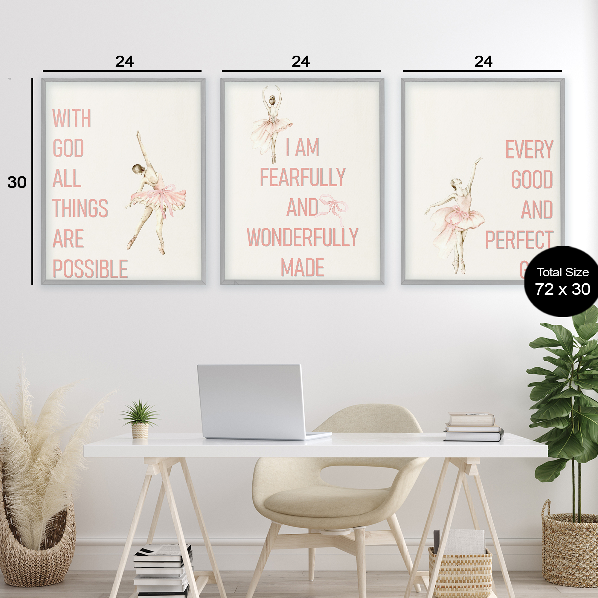 Faith Sentiments with Ballerinas 3 Piece Gray Framed Giclee Art Set, design by Kim Allen