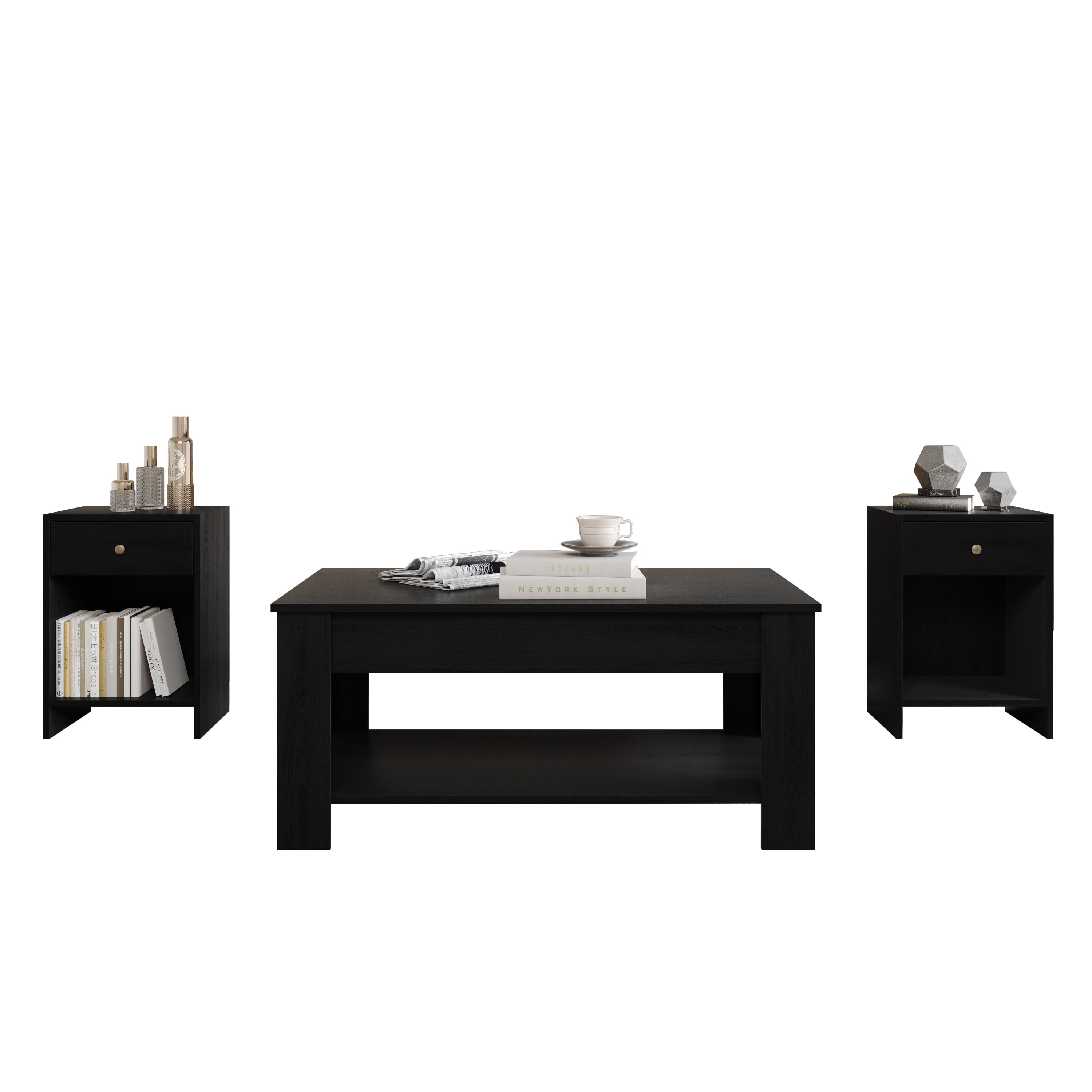 Home Design Magnolia 3-Piece Coffee Table Set with Lift-Up Rectangular Coffee Table and 2 End Tables, Hidden Storage and Modern Design for Living Room, Black