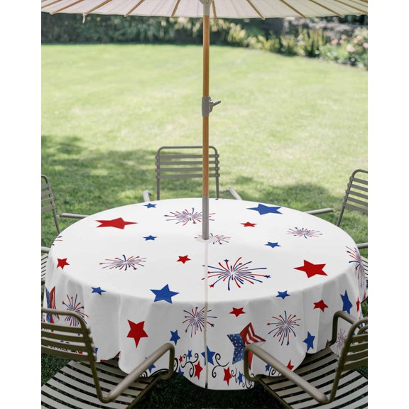 Outdoor Tablecloth with Umbrella Hole, Independence Day USA Stars Zippered Table Cloth for Square Tables, Red Blue Fireworks Washable Waterproof Tablecloths for Picnic Patio Garden