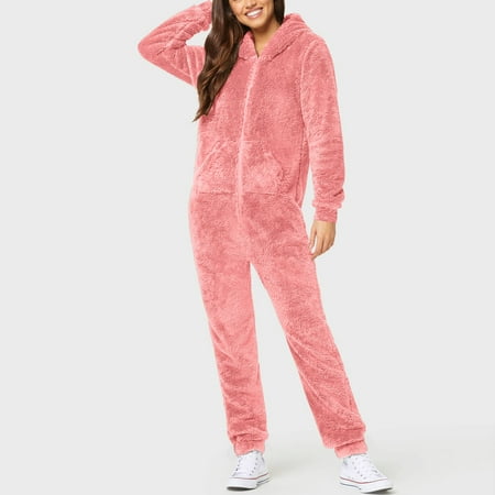 

Feiboyy Women s Artificial Wool Long Sleeve Pajamas Casual Solid Color Zipper Loose Hooded Jumpsuit Pajamas Casual Winter Warm Rompe Cute 1 Piece Suit On Sleepwear