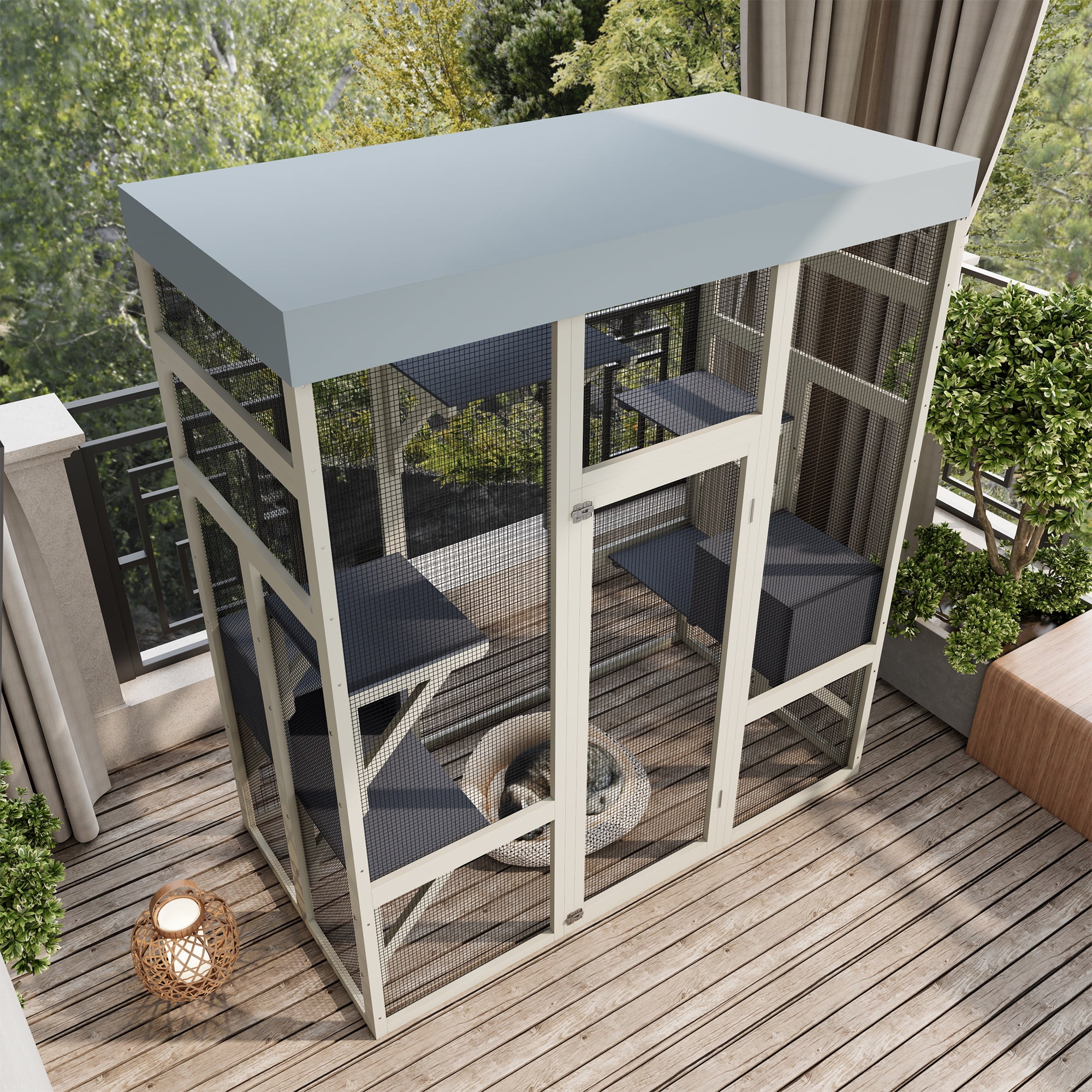 Seizeen Catio Cat House for Outdoor Indoor, Wooden Cat Enclosure with Resting Box, Platforms , 3-Tier Cat Cage Kitty House for Small Animal, Waterproof Roof