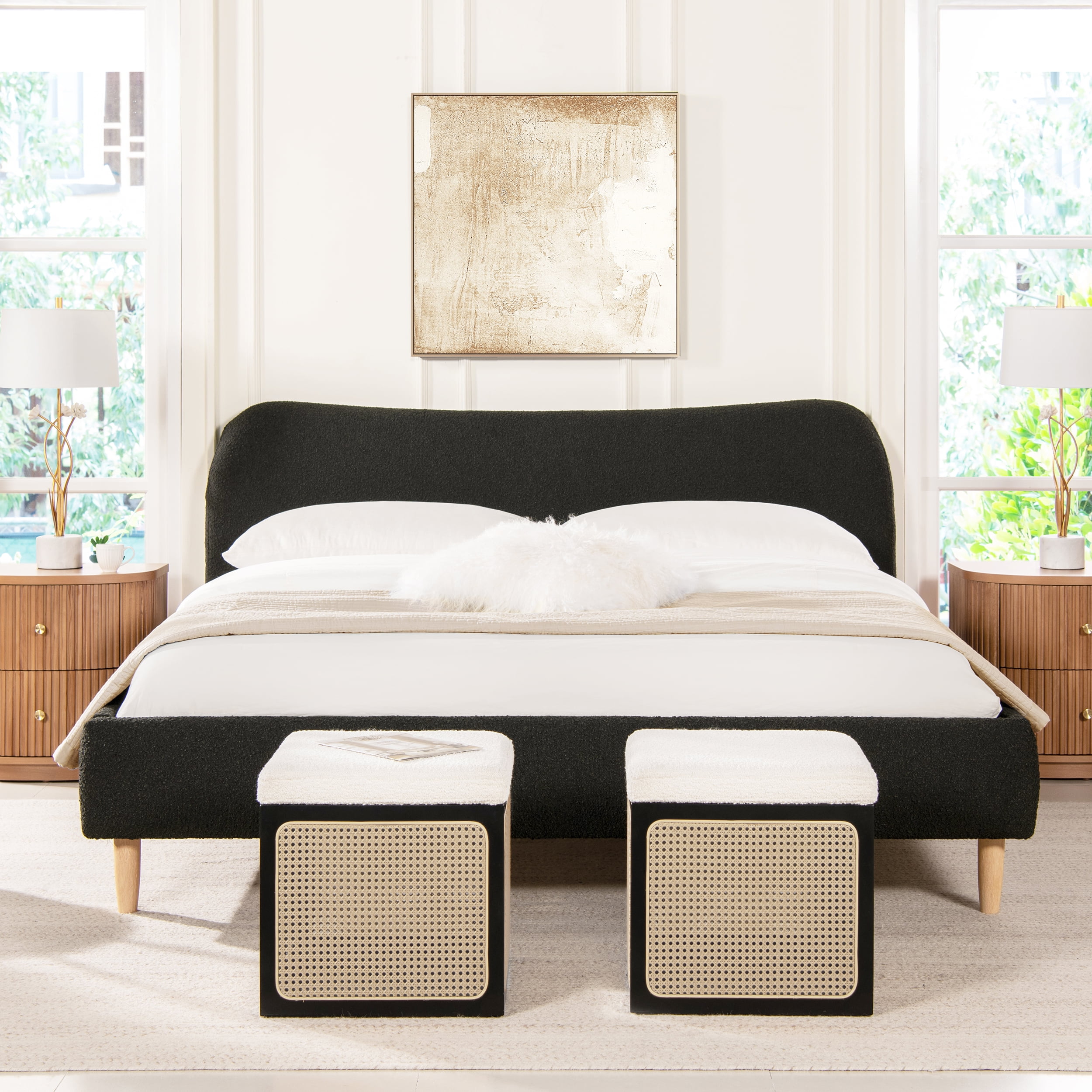 Jennifer Taylor Home Roman Curved Headboard Upholstered Platform Bed, King, Ebony Black Boucle