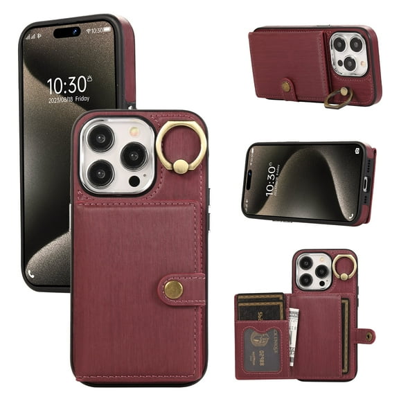 Cards Holder Wallet Case for Apple iPhone 15, Retro PU Leather Slim Fit 360 Rotating Ring Holder Kickstand Shock Resistant Phone Case Cover for Apple iPhone 15 - Wine