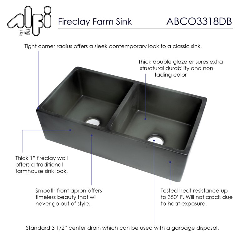 Alfi Brand ABCO3318DB 33 in. Concrete Color Reversible Double Fireclay Farmhouse Kitchen Sink