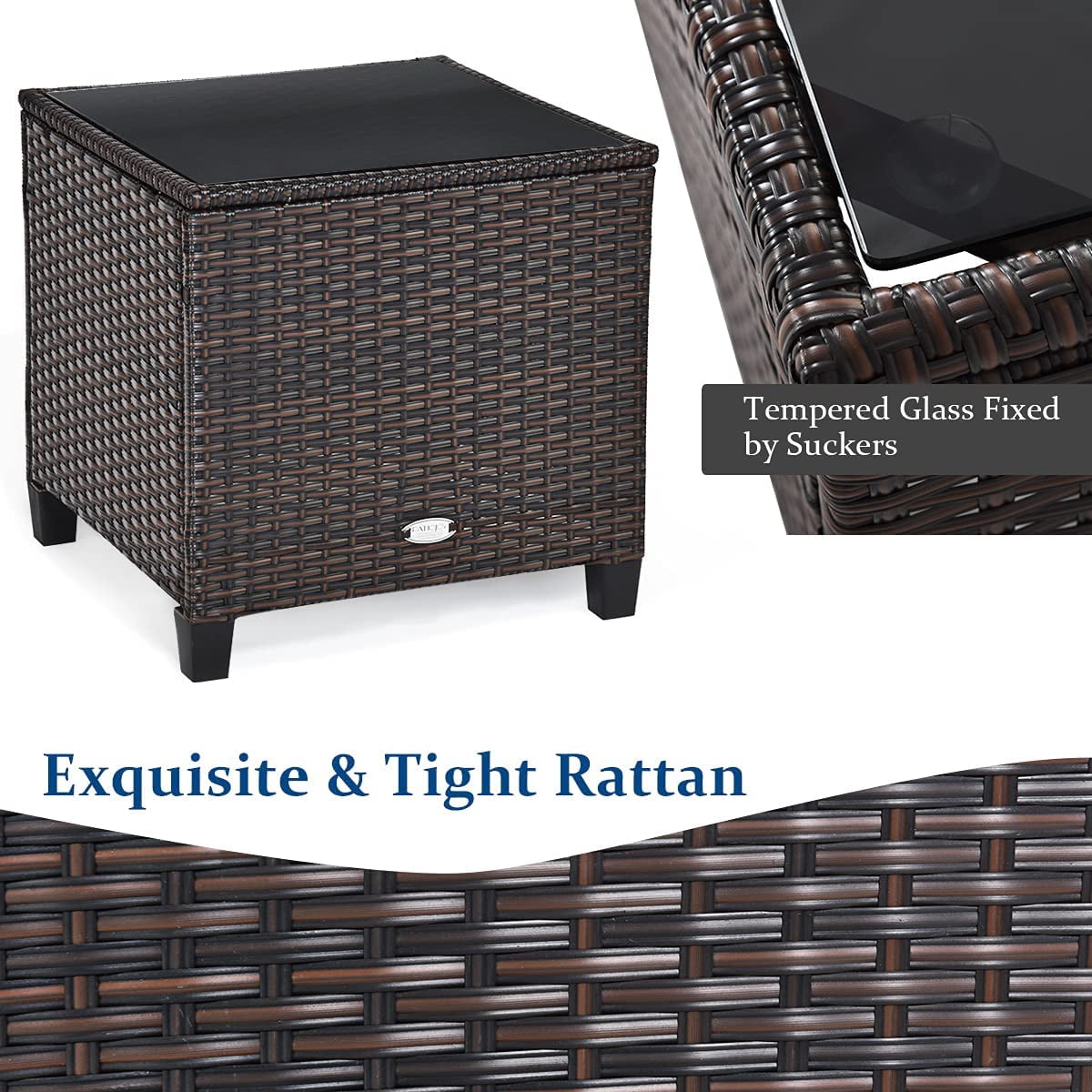 3 Pieces Patio Furniture Set, PE Rattan Wicker 3 Pcs Outdoor Sofa Set w/Washable Cushion and Tempered Glass Tabletop, Conversation Furniture for Garden Poolside Balcony (Black)