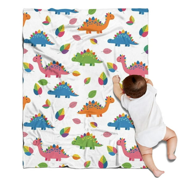 White Dinosaurs Colorful Leaves Pattern Blanket,Comfortable Soft Flannel Throw Blanket,All Season,Warm Lightweight Blankets for Sofa Bed Couch Living Room Chair,30"x40"