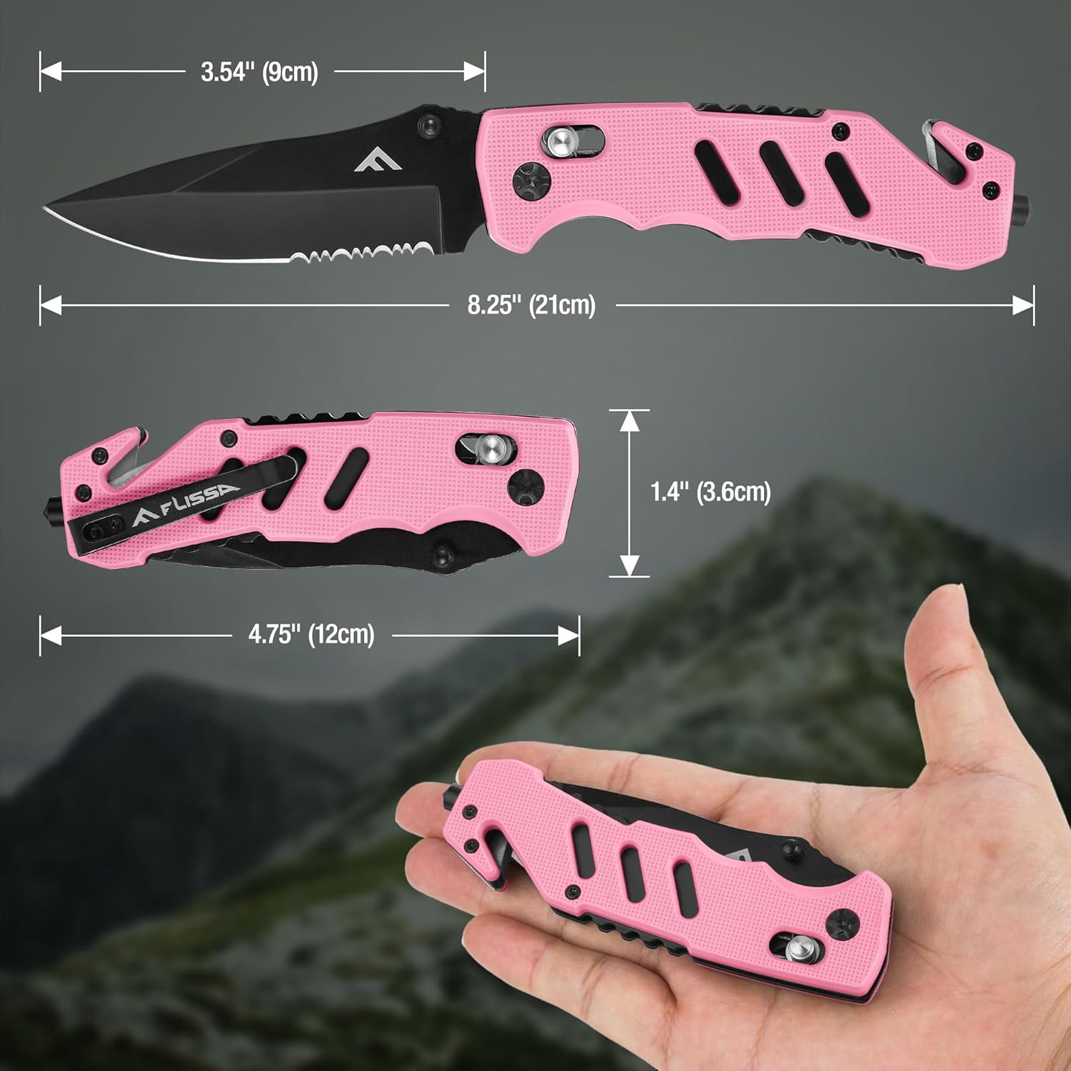 Folding Pocket Knife with Clip, Glass Breaker and Seatbelt Cutter, Survival for Emergency Rescue Situations, EDC Tactical, Hunting, Camping, Outdoor, Unique Gifts Dad, Father-Pink
