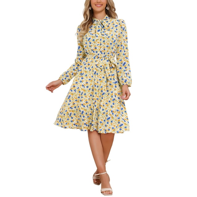 INSPIRE CHIC Vestido Midi Vintage de Flores con Cinturón y Mangas Largas de Chifón con Cuello de Corbata para Mujeres L Blanco Amarillo