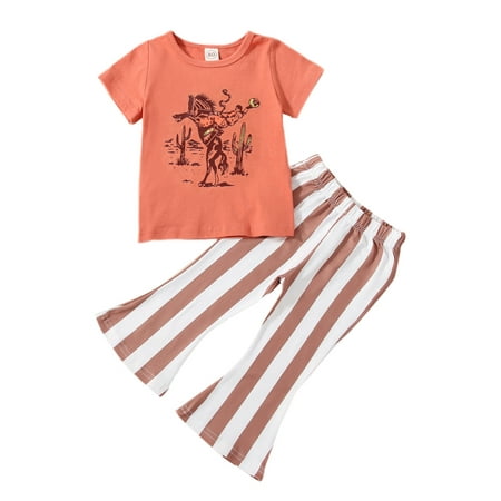 

Multitrust Toddler Girl Summer Clothes 2Pcs Outfits Cartoon Horse Print Short Sleeve T-Shirt + Stripe Pattern Flare Pants