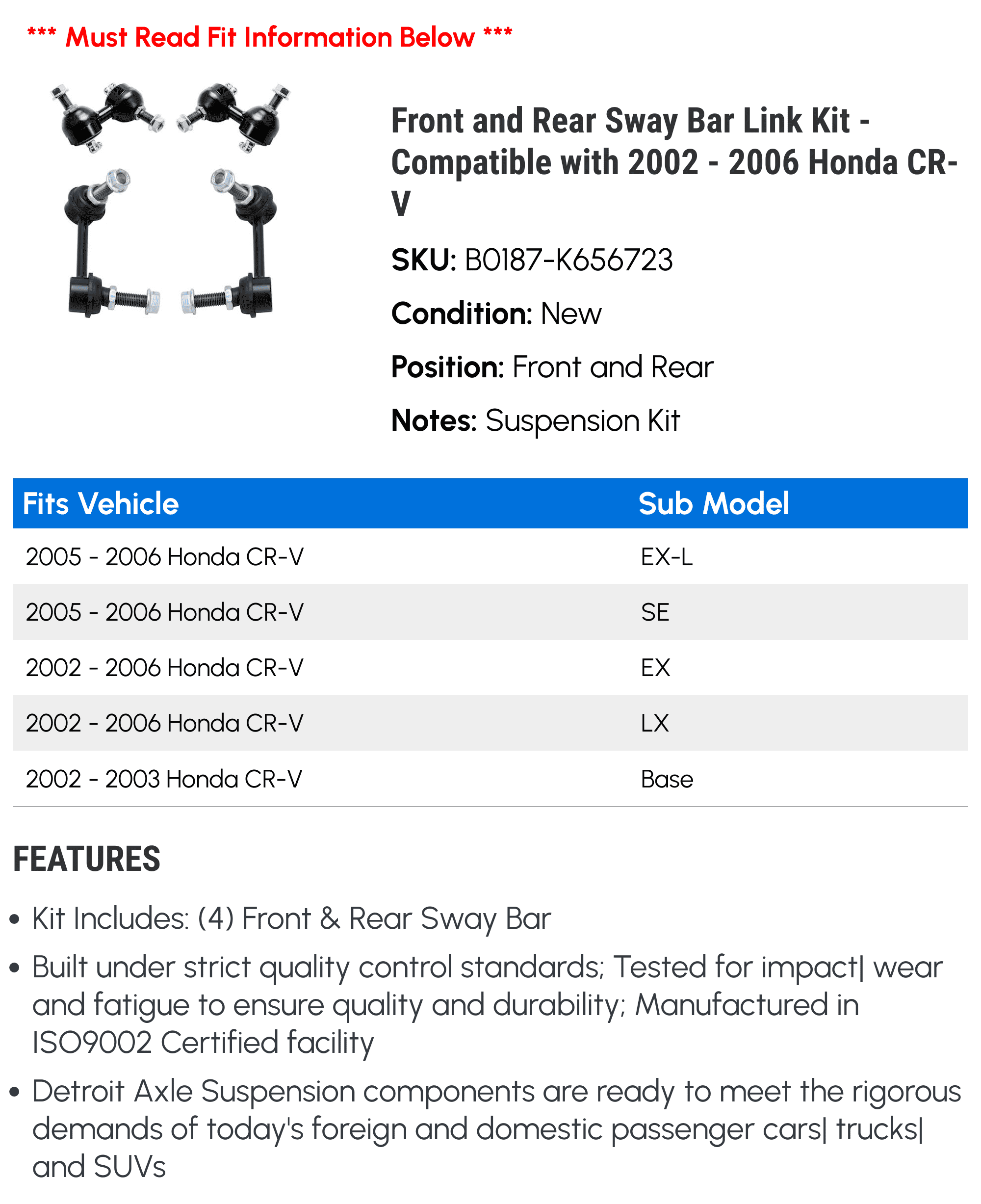 Front Sway Bar Link Kit - Compatible with 2002 - 2006 Honda CR-V 2003 2004 2005 Front Sway Bar Link Kit - Compatible with 2002 - 2006 Honda CR-V 2003 2004 2005