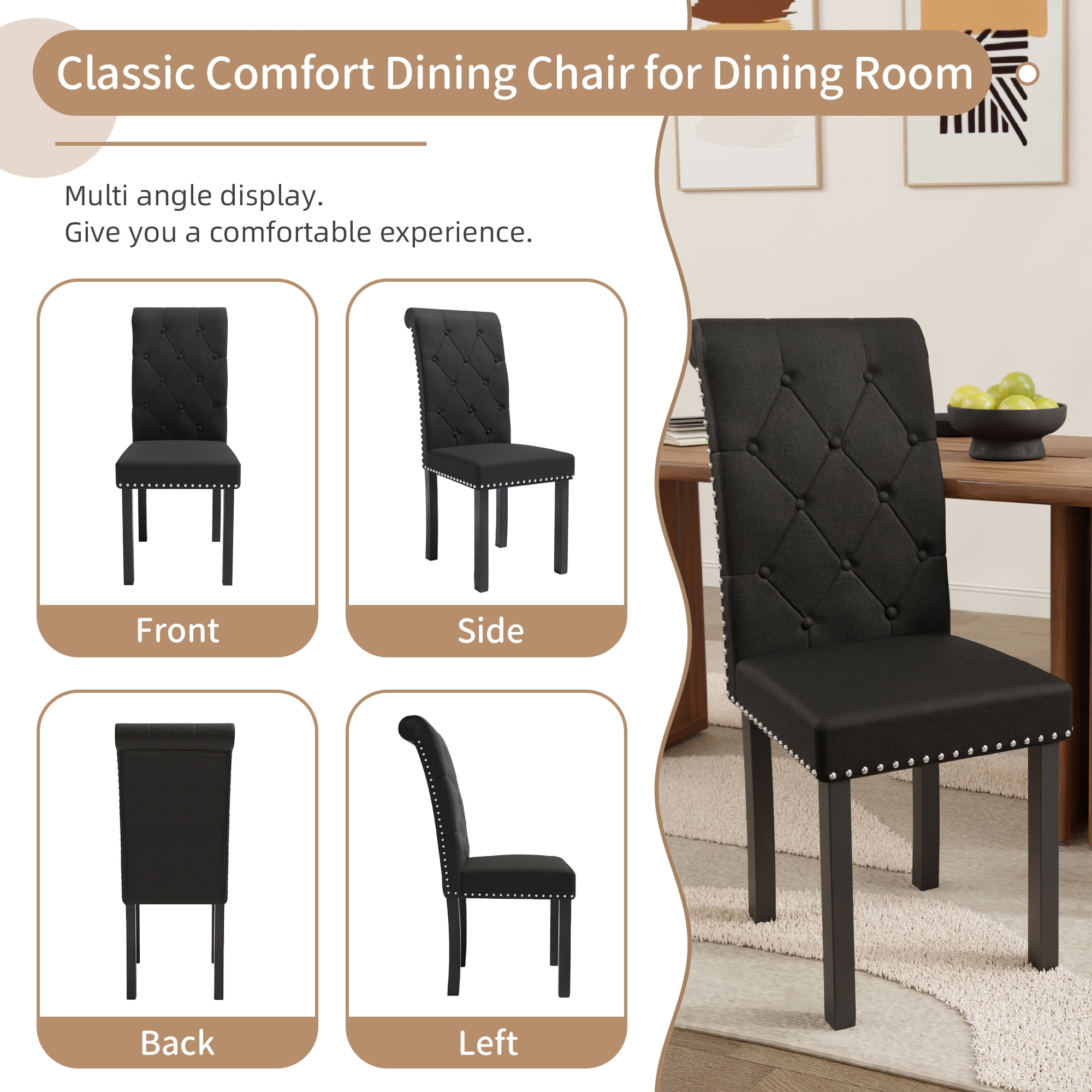 DONICK Rolled-Up High-Back Upholstered Dining Chairs With Tufted Solid Wood Legs Nailhead Trim For Home,Restaurant,Dining Room(Black,Set of 2)