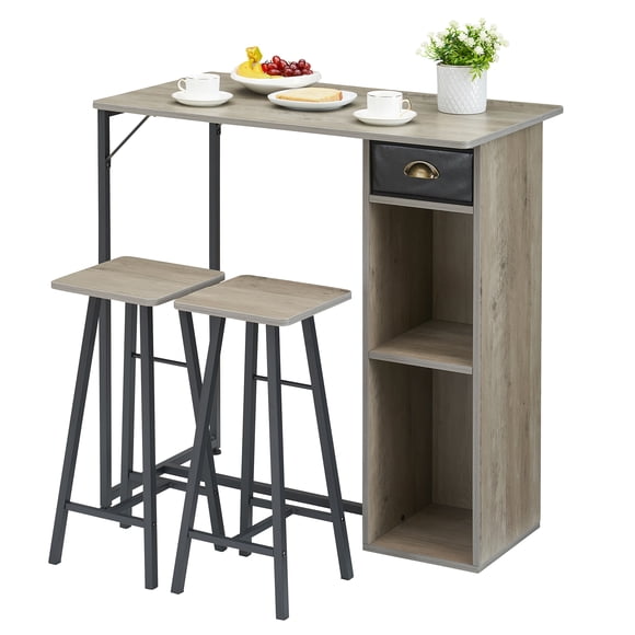 Bar Height Table and Chairs Set of 2 Small High Top Kitchen Table for 2 Seater, 3 Large Storage Shelves Space Saving for Dinner Pub Breakfast Brunch