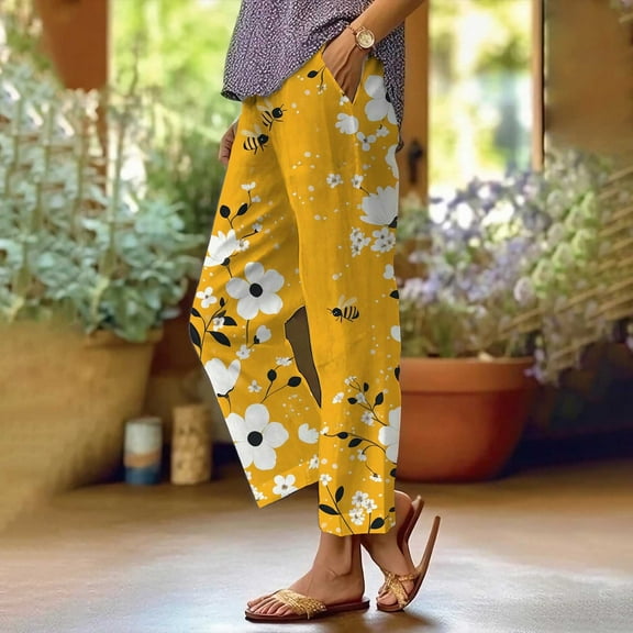 Casual Women's Trousers Summer Linen Pants For Women Wide Leg Boho Pants Loose Palazzo Pants Floral Pants With And Pockets,Yellow Women's Casual Pants XXXL