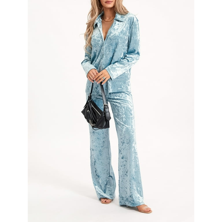 Tsseiatte Women's 2 Piece Lounge Set Pajama Set Long Sleeve Button Tops  Solid Color Pants Sleepwear Sets