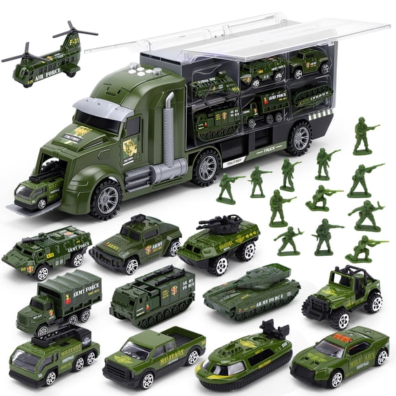 25 in 1 Die-cast Military Army Play Vehicle Set, Vehicles with Sounds and Lights in Carrier Truck, Push and Go Car Toy, Kids Christmas Birthday Gifts for 3 4 5 6 Years Old Boys