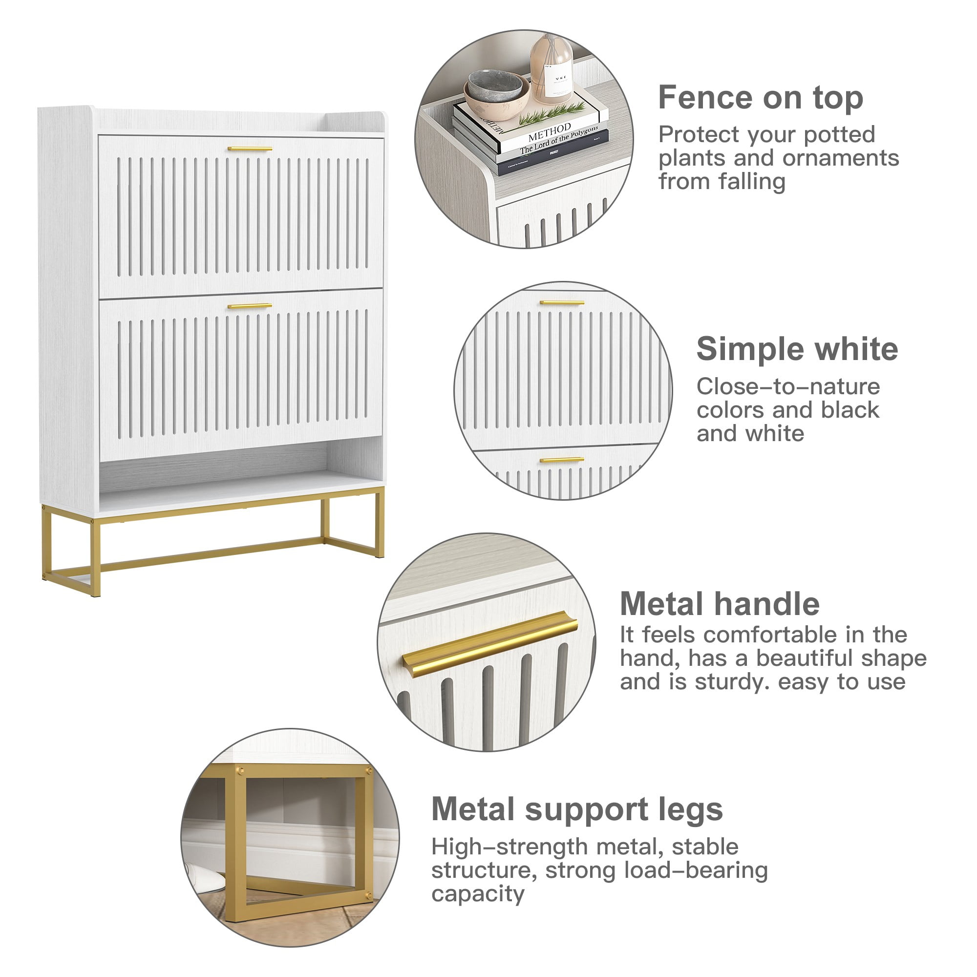 Finihen Wood Shoe Cabinet, Freestanding Shoe Racks with 2 Storage Shelves Hidden Narrow Shoe Organizers for Entryway Bathroom Living Room, White