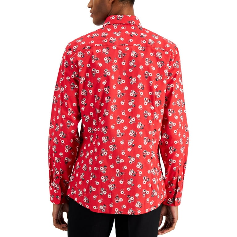Bar III Mens Slim Fit Performance Stretch Floral Print Dress Shirt Red White M, Men's, Size: Medium