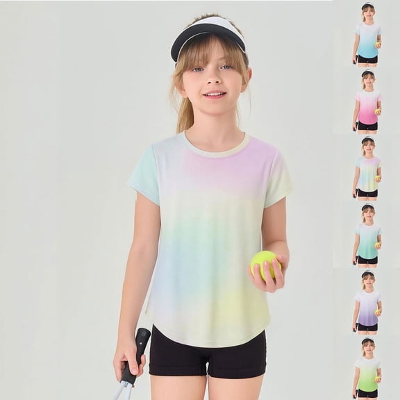 Girls T-shirts Athletic Mesh Short Sleeve Tee Breathable Short Sleeves T-shirts Rainbow Gradient Color Tennis Shirt for Girls (Multicolour 3-4 Years)
