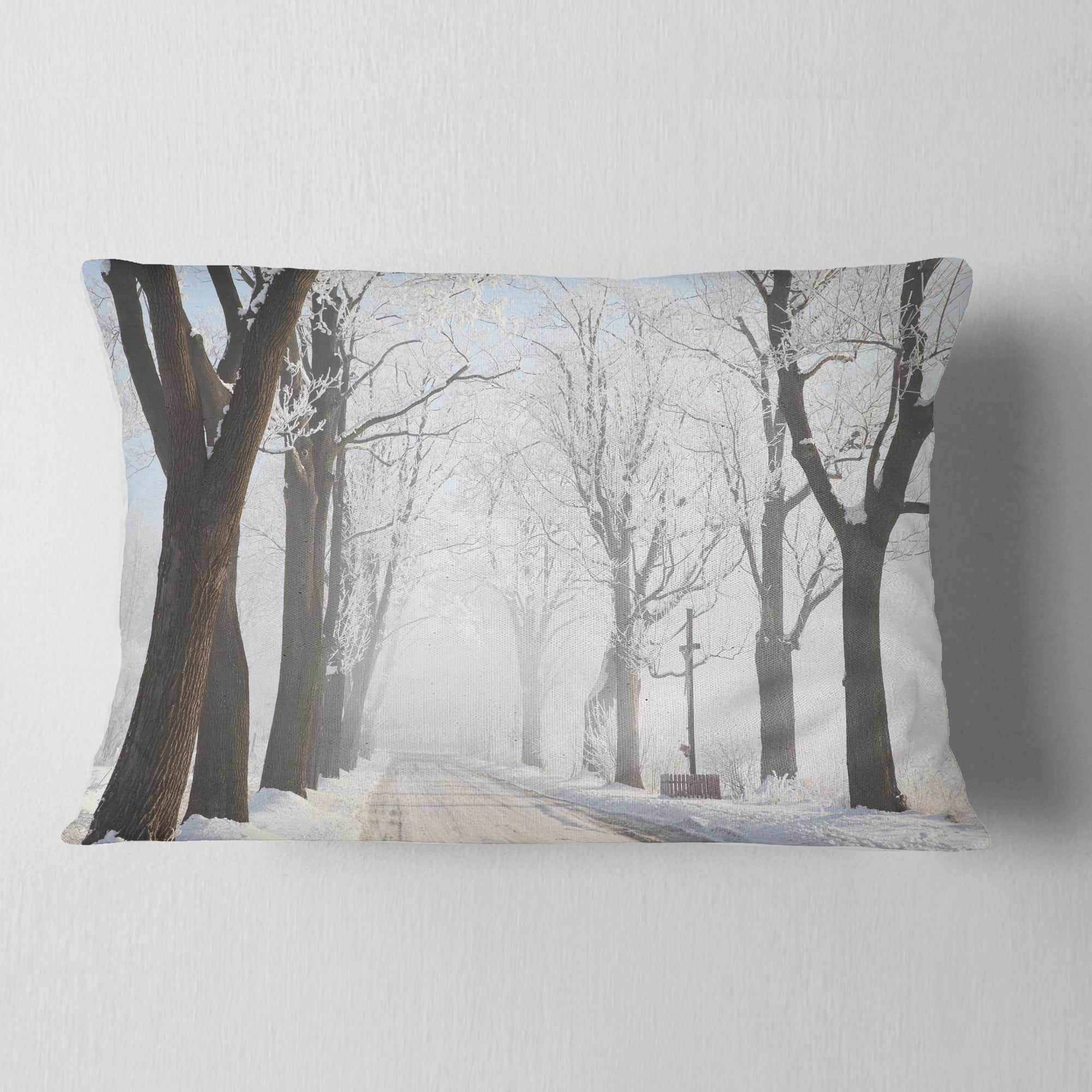 Designart Misty Rural Road in Winter Forest - Forest Throw Pillow - 12x20