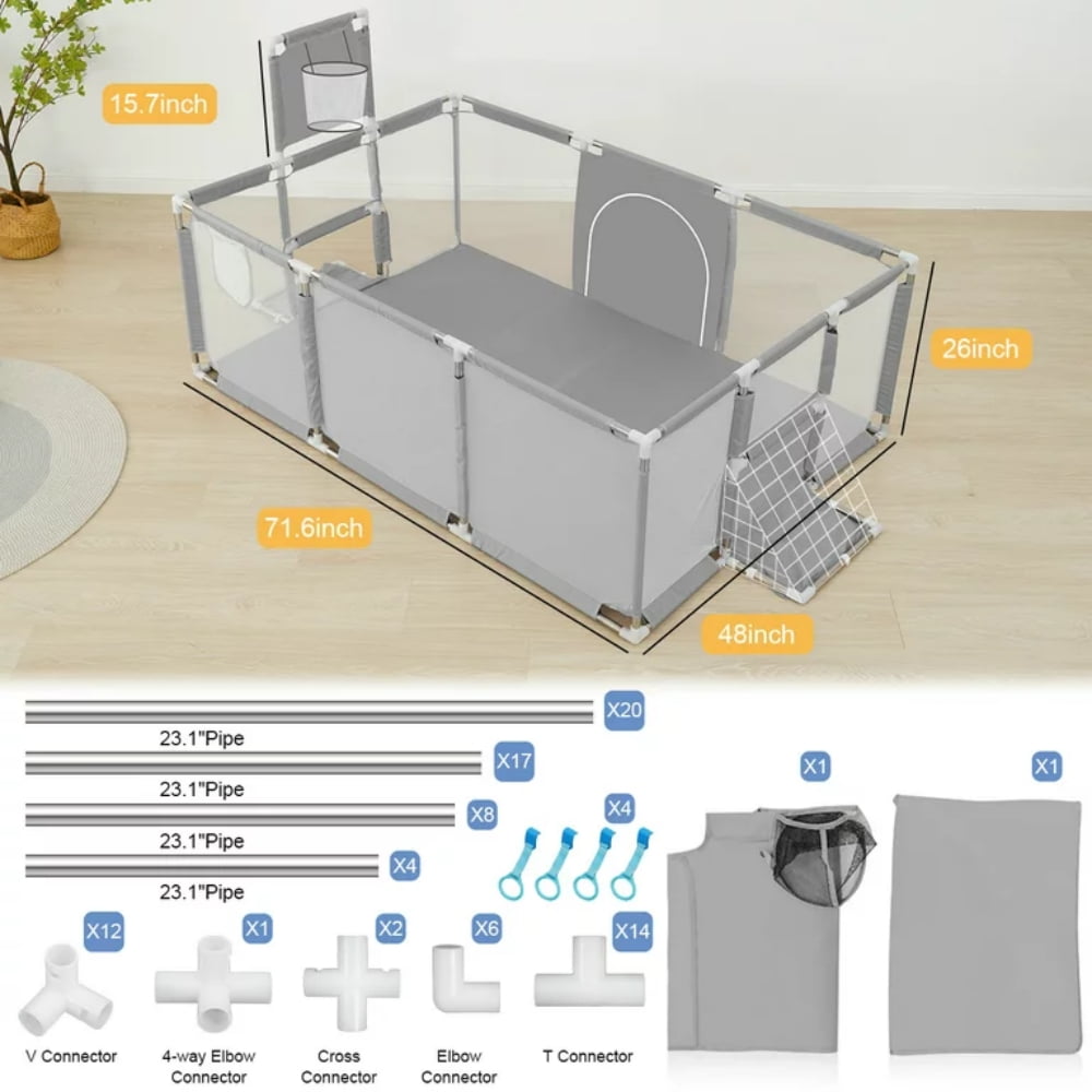 Zmoon Baby Playpen,71inch Extra Large Baby Playard with Basketball Hoop and Breathable Mesh,Children Kids Play Fence,Baby Play Pen, Infant Play Area(Grey)