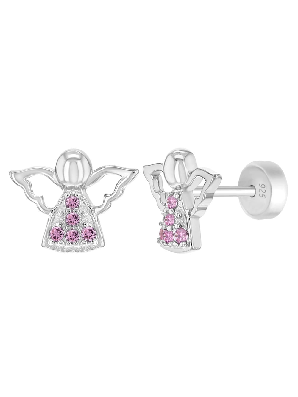 925 Sterling Silver Pink CZ Small Stud Guardian Angel Earrings Girls Kids 