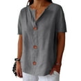 thumbnail image 4 of Pxiakgy Linen Shirts for Women Summer Cotton Linen V Neck Short Sleeve Tops Loose Vacation Beach Solid Blouses Tunic Tops Summer Loose Fit Short Sleeve Button Down Shirts for Women, 4 of 9