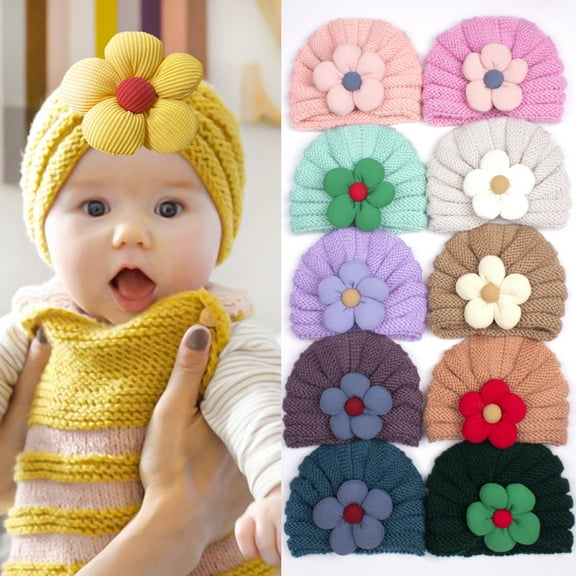 Baby Girls Knitted Turban Hat Flower Head Wrap Newborn Infant Toddler Kids Girl Cap Hair Accessories 0-36Month