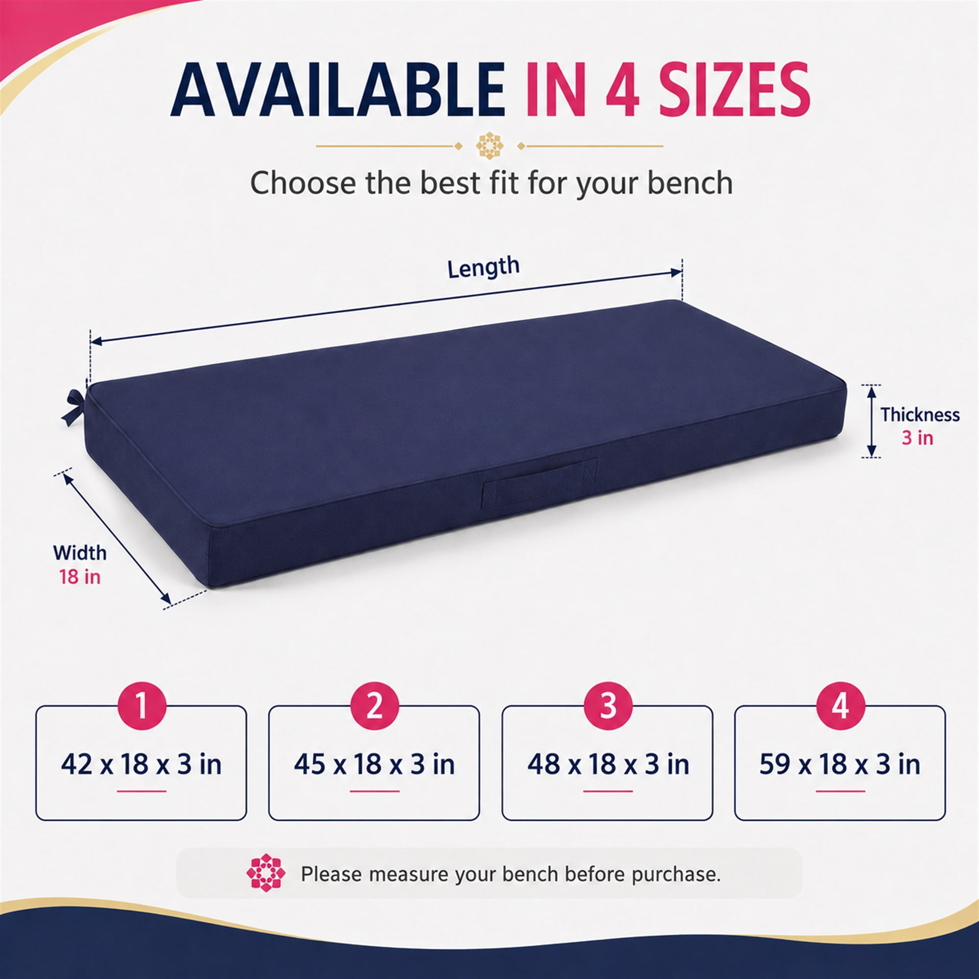 Millsilo 42" x 18" x 3" Outdoor Bench Cushion with Removable Cover, Water-Repellent UV Fade-Resistant Patio Cushion, High-Density Foam, Non-Slip Ties, Dark Blue