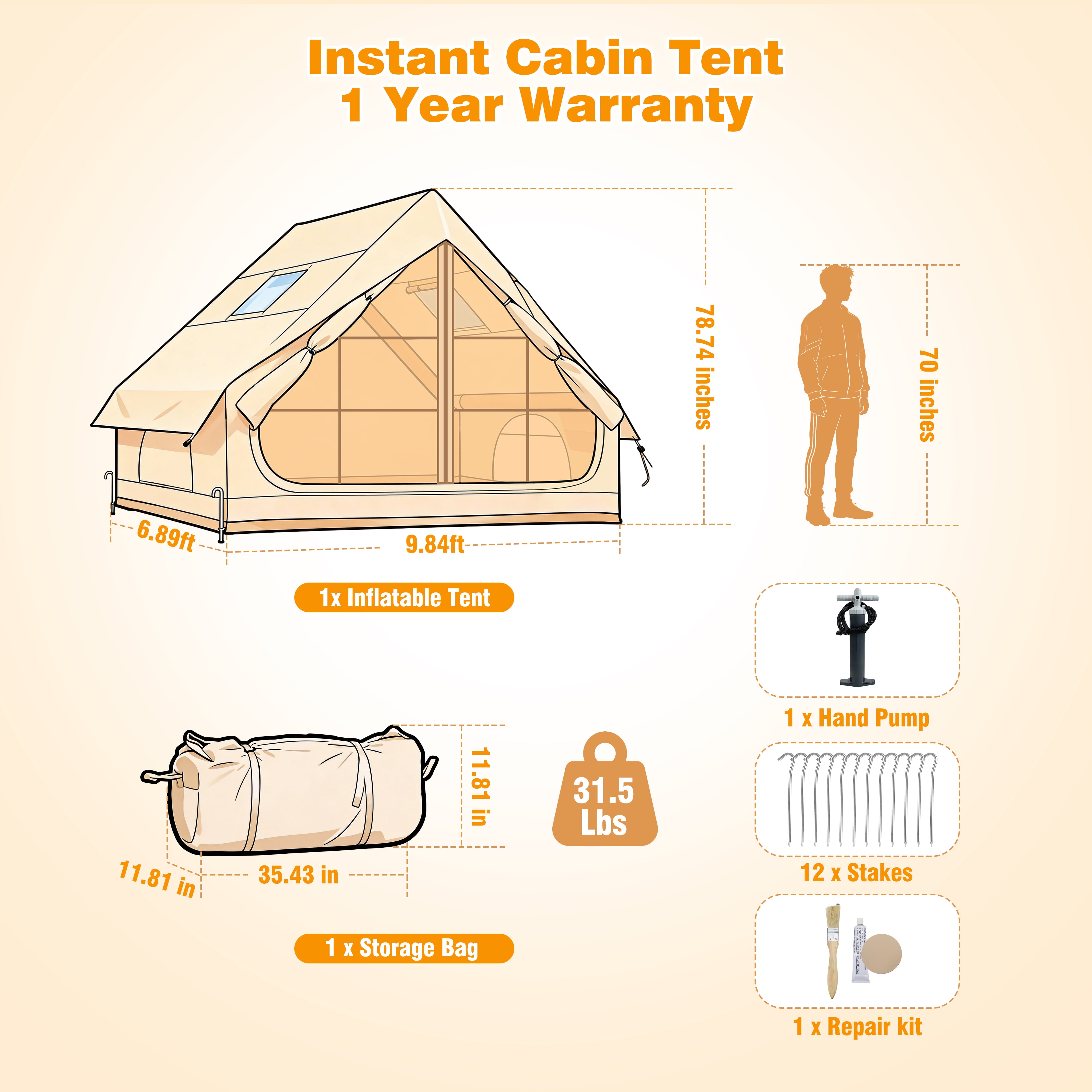 Qunler 4-6 Person Inflatable Tent with Pump, Large Waterproof Air Tent for Camping, Easy Setup in 5 Mins, Windproof Cabin Shelter, Beige
