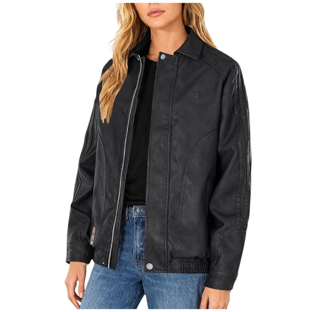 Women's Solid Color Leather Jacket with Pockets, Buttons, Long Sleeves, Zippers, No Hat, Stand-Up Collar
