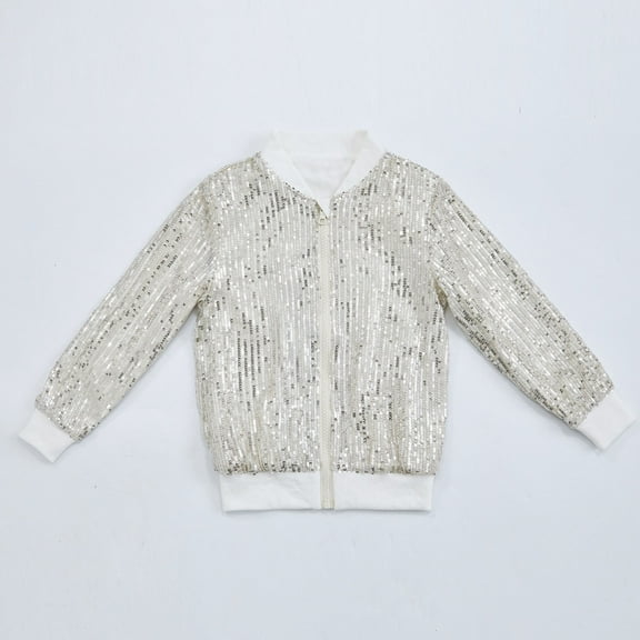 ATOGUTA Bomber Jacket Girls Kids Sequin Long Sleeved Casual Jacket Shawl Cardigan Coat Size 2T-9 Silver