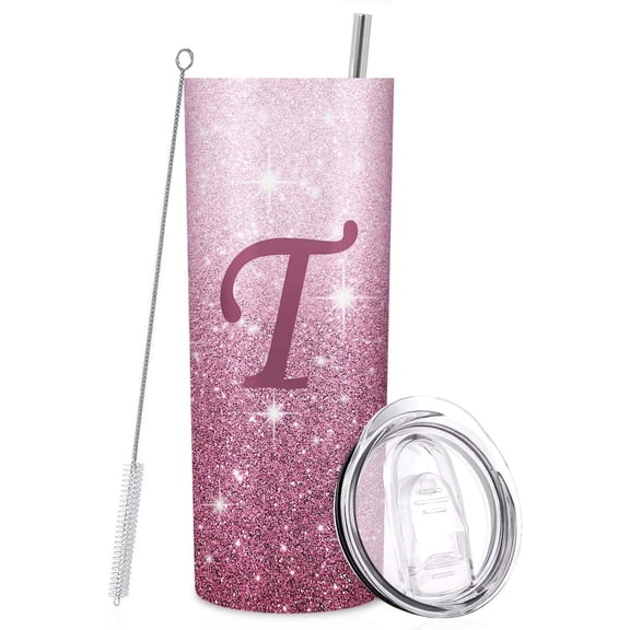 Initial T Tumbler Cup Gifts, Monogrammed Gifts for Women, Personalized Tumblers with Lids and Straws for Women 20oz, Personalized Gifts for Girls Women Mom Teacher Birthday Wedding Graduation, T-Pink