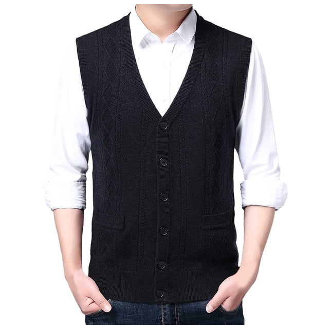 Men's Buckle Sweater Vest for Autumn and Winter Featuring V-Neck Pure Color Wool Knit Collarless Design with Pocket Front Non-Hooded Body Type Sleeveless Layering